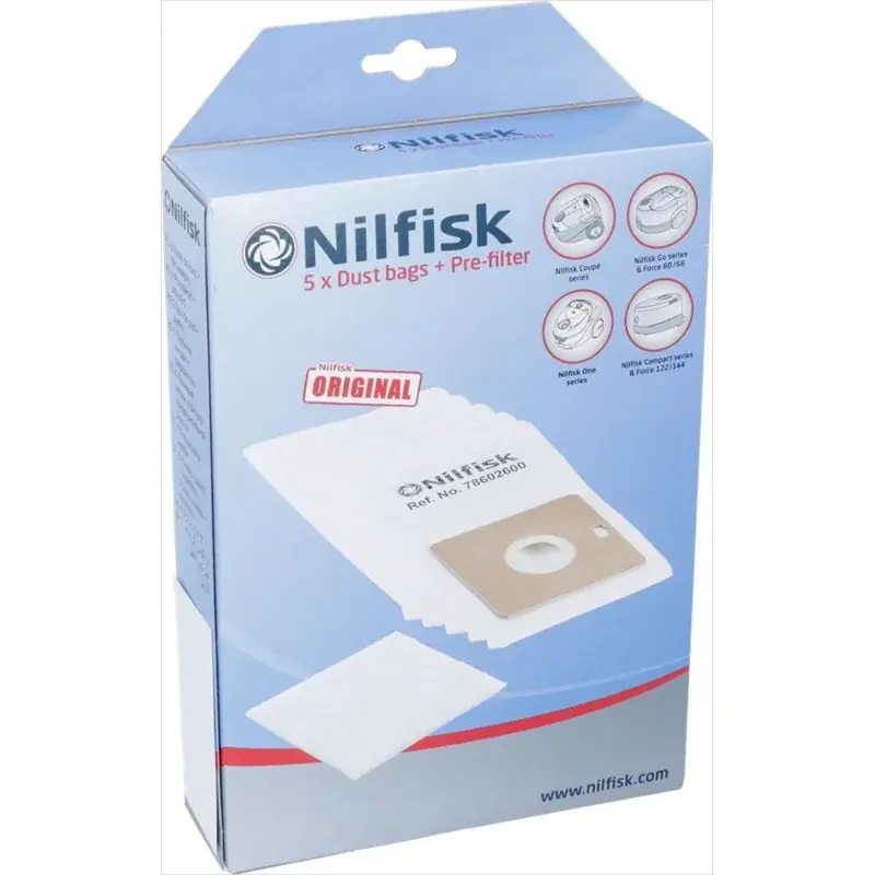 Billig Nilfisk påsar för dammsugare, 5 st + filtera 78602600